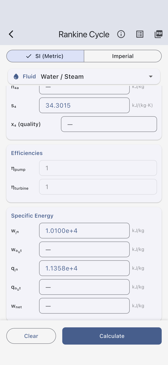 Rankine cycle state values